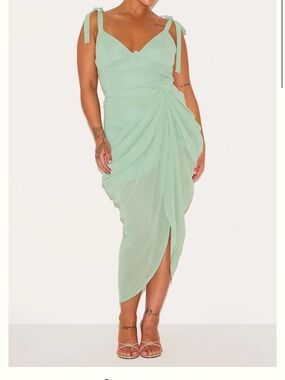 lauriell emerald green wrap front midi dress Chiffion Empire Waist Floor Length V Neck Wholesale Evening Dress with main image 1